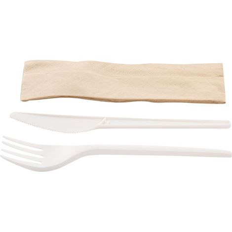 Kit couverts blanc 3 en 1 CPLA : couteau + fourchette + serviette kraft - 500 unités - Betik