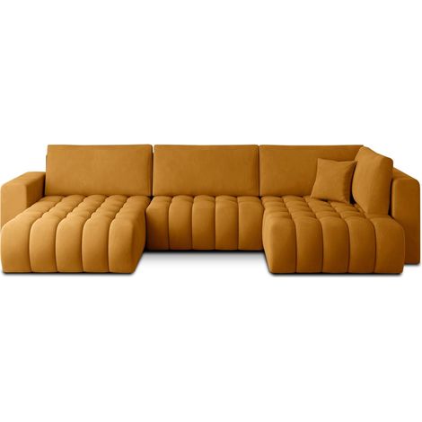 Canapé d'angle BONITA convertible 6 places jaune orangé tissu – gauche – 350x175cm (1/3)