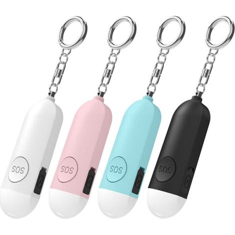 Ensemble d'alarme personnelle quatre pièces, porte-clés d'alarme d'autodéfense rechargeable avec lumière LED rose + bleu + blanc + noir (1/5)