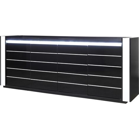 Meublorama – Buffet bahut LINA noir et blanc avec éclairage LED – 4 portes – Dimensions 220x87x50cm – Design moderne et élégant