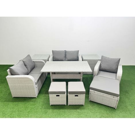 Fimous High Back Poly Rattan Garden Furniture Set with Reclining Chair Loveseat Sofa Rectangular Dining Table Indoor Outdoor Patio Set 3 Stools 2 Side Table Light Grey (1/4)