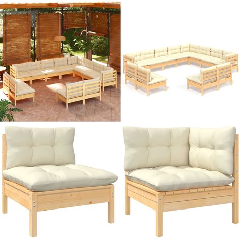 12-tlg. Garten-Lounge-Set mit Creme Kissen Massivholz Kiefer - Gartengeräte - Gartenmöbel - Lounge Set - Kiefernholzmöbel - Outdoor Möbel - Home & Living (1/5)