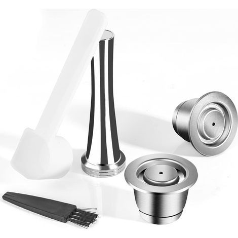 Set of 2 reusable stainless steel coffee pods compatible with Nespresso machines, including 1 press, 1 spoon and 1 brush (1/5)