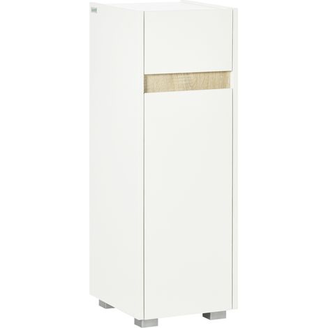 Mobiletto Bagno con Cassetto e Armadietto con Mensola Regolabile in Legno 30x33x88cm, Bianco