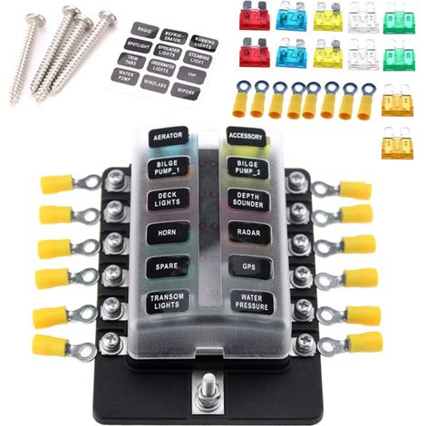 12-facher Sicherungskasten mit roter LED-Anzeige, 10 Sicherungen und 10 Klemmen für Auto, Boot, Wohnwagen, LKW (12V/24V).