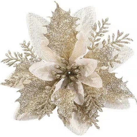 Lot de 15 fleurs ornements et décorations de Noël pailletés avec tiges et pinces taille 14 cm couleur champagne (1/5)