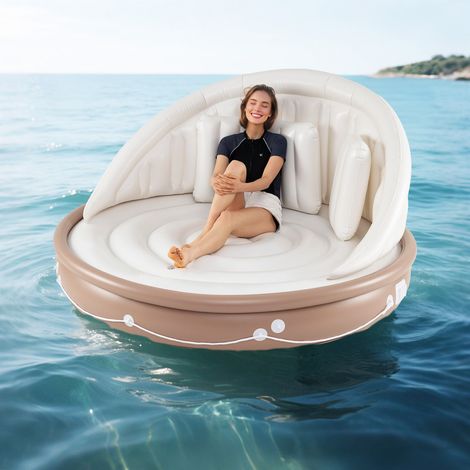 Îlot gonflable argenté en PVC avec pare-soleil rétractable, dossier, accoudoirs et coussins pour piscine, plage et jardin (1/5)
