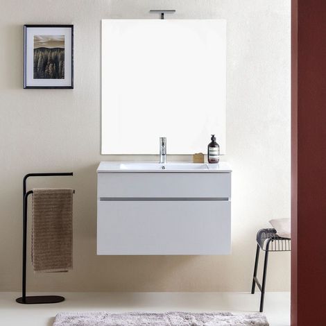 Mueble De Baño Suspendido 80Cm Con Lavabo Y Espejo 80X110 Sole