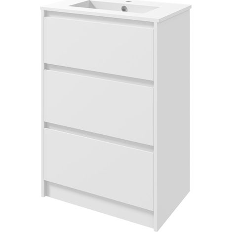 Meuble lavabo céramique synthétique 2 tiroirs 61x37x88cm blanc brillant