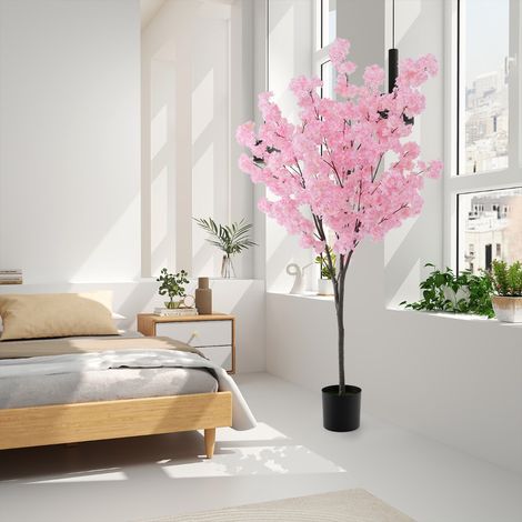Plante Artificielle en Pot Remplies de Ciment 190CM avec 900 Fleurs Roses Fausse Cerisier avec Troncs de PE Simulés Décoration Moderne Rose (1/5)