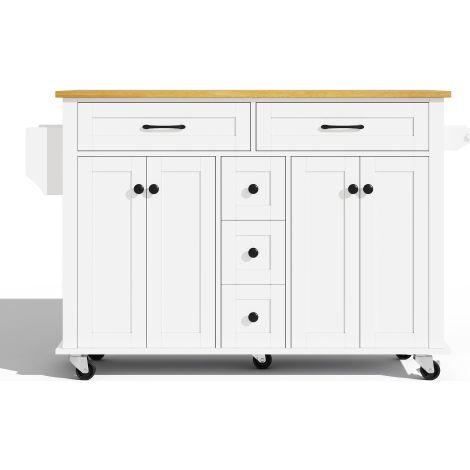 Chariot de cuisine multifonctionnel avec plan de travail pliable, 5 tiroirs, placards, porte-épices et porte-serviettes, et roulettes – idéal pour les îlots de cuisine, les salles à manger et les salo (1/5)