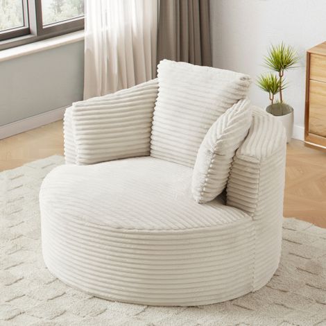 Fauteuil rond confortable avec  ressorts ensachés velours côtelé beige