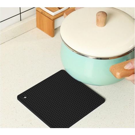 Lot de 1 dessous de plat carrés en silicone pour plats chauds, 18 x 18 cm, tapis résistants à la chaleur pour comptoir de cuisine, noir (1/5)