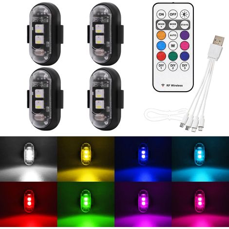 A set of 4 LED strobe warning lights with remote control, waterproof, USB rechargeable, available in 8 colors, suitable for cars, motorcycles and bicycles. (1/5)