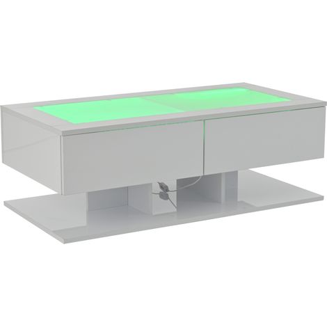 Mesa de centro blanca 100 x 50 x 35 cm con 2 cajones, tablero de cristal templado y LED (1/5)