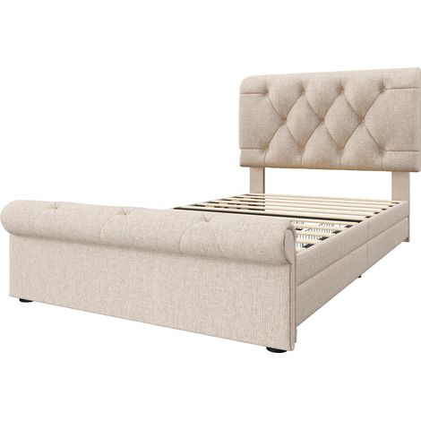 Cama individual capitoné 90 x 200 cm con 2 cajones y cabecero ajustable, natural (1/5)