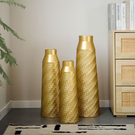 Vase en métal doré lot de 3, vase au sol semi-fait main texturé, décoration pour salon & couloir, gain de place, non étanche (1/5)
