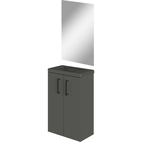 Meuble de salle de bain unicolore, ensemble de salle de bain 2 portes avec poignée, suspendu au mur, avec lavabo en céramique, lavabo de fond 20 cm, meuble monté, lavabo avec miroir 40 cm Azier (1/5)