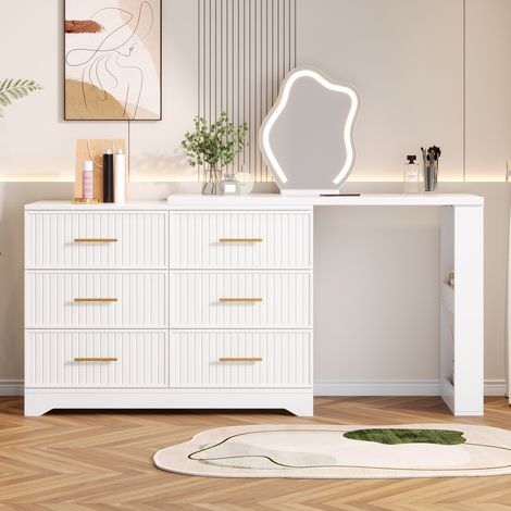 Coiffeuse pivotante 110x40x129 cm, miroir LED 3 teintes, 6 tiroirs, niches ouvertes, bureau 2-en-1, panneaux de particules, blanc et doré (1/5)