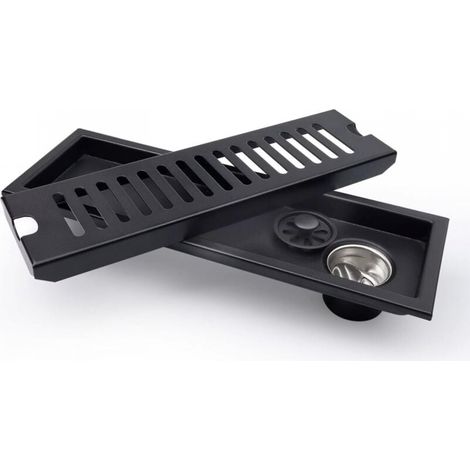 Noir - siphon de sol rectangulaire, siphon de sol de douche 30 x 10 cm, siphon de sol noir avec grille en acier inoxydable, convient pour WC, salle de bain, cuisine, balcon (1/5)