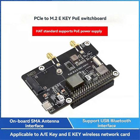 PCIe-zu-M.2-E-Key-Adapter für Raspberry Pi 5 mit PoE-HAT und Erweiterung – Schwarz (1/5)