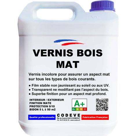 Codève Bois – Vernis pour bois extérieur mat 5 L – Finition profonde non jaunissante – Résistant à l'eau et aux UV – Application facile en 2 couches
