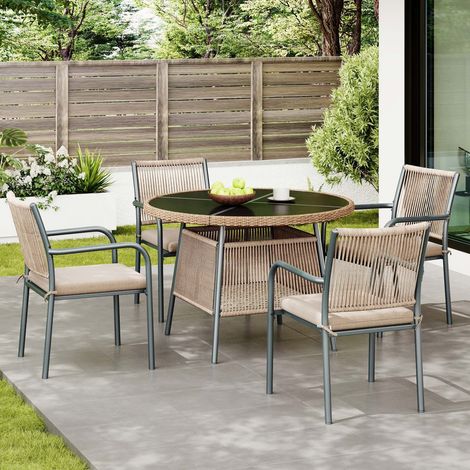 Salon de jardin 5 pièces, table ronde 110 cm en verre trempé et 4 fauteuils avec coussins, structure métal et résine tressée, gris (1/5)