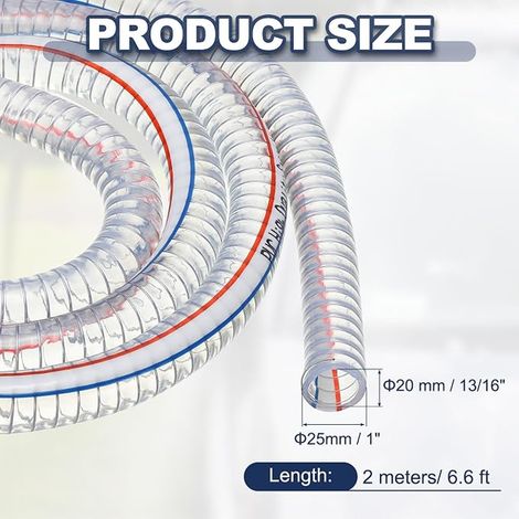 PATIKIL 13/16"/20mm ID Reinforced Hose with Metal Wire 2 Metres, High Pressure Chemical Resistant PVC Vinyl Suction Hose with Steel Wire Spiral, Transparent (1/2)