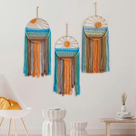 Tapisserie murale minimaliste en corde de coton tissée à la main, représentant le lever et le coucher du soleil. Décoration murale d'ambiance pour la maison ou un séjour chez l'habitant. (1/5)