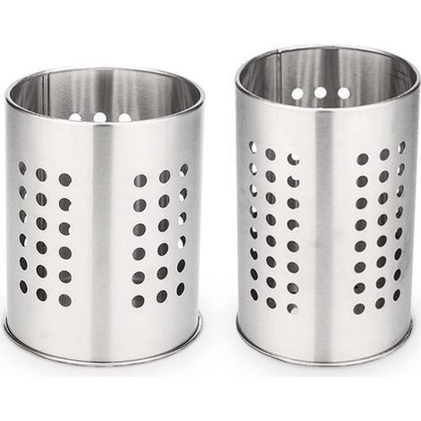 Porte-ustensiles de cuisine 2 pièces - Organisateur de comptoir - Boîte de rangement - Porte-baguettes - Égouttoir creux - Argent - Acier inoxydable argenté (1/5)