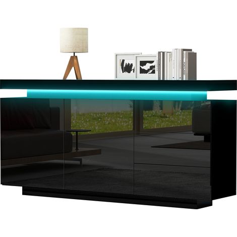 Credenza 140x35x72.5 cm, Luce LED, 2 Ante, 3cassetti, Organizzazione Pratica Design Elegante, Truciolare Nero, per Ristorante (1/5)
