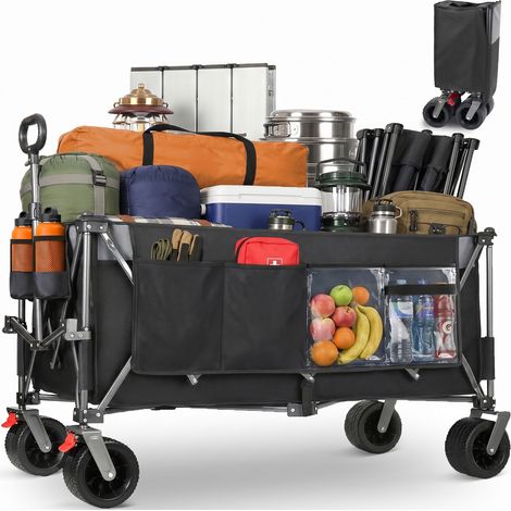 Chariot pliable XXXL 300L 250 kg de charge, chariot pliable extra large de 130 cm avec roues tout-terrain 17x10 cm, chariot de transport à montage instantané 4 voies breveté, noir (1/5)