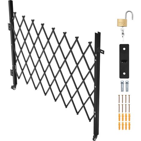 Mophorn Puerta de seguridad plegable individual, tipo tijera con cerradura y ruedas giratorias, barrera retráctil de acero para entradas, garajes, almacenes y piscinas, 168,7 x 131,7 cm