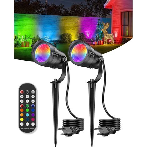 Projecteur extérieur LED RGB de Noël 12 W avec télécommande, projecteur LED coloré extérieur à réglage avec prise, éclairage imperméable IP65 pour terrasse, pelouse, allées [classe énergétique A]