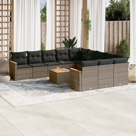 Ensemble salon de jardin 12 places en résine tressée gris avec coussins, table bois d'acacia et rangement (1/3)