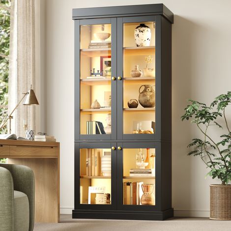 Vitrine haute 80x40x180 cm en MDF et verre noir, avec rangement, salon moderne FloraGrace (1/5)