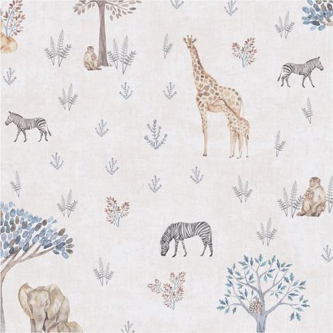Papel pintado infantil Profhome 771761 papel pintado no tejido liso con dibujo de animales mate crema gris-beige blanco crema 5,33 m2
