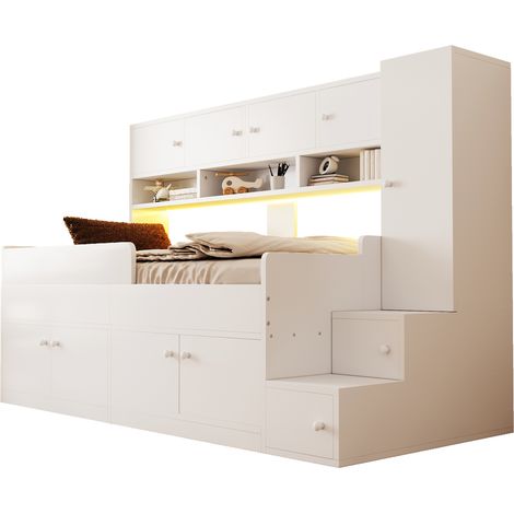 Letto soppalco bambino 90x200 cm bianco con contenitori LED senza materasso - CHICFURN (1/5)