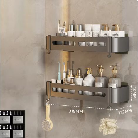 Portaoggetti da bagno in alluminio senza foratura, cestino triangolare da parete, organizer da bagno/quadrato a 2 livelli