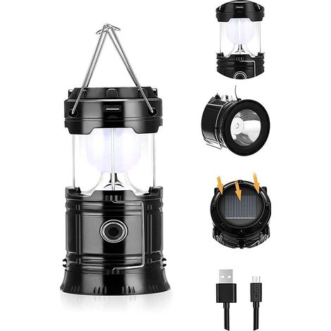MINKUROW Super Brillante Plegable Usb Impermeable Portátil Led Linterna Solar Adecuada Para Exteriores, Senderismo, Camping, Pesca, Corte De Energía De Emergencia Negro (1/5)
