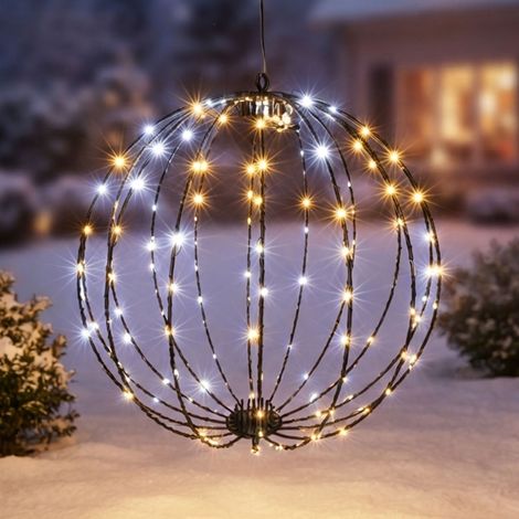Leuchtkugel zum hängen kalt & warm weiß Mix dimmbar mit Timer - 240 LED - Garten Leuchtball 38 cm mit Funkel Effekt kabelgebunden