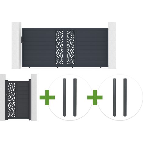 Portail coulissant 3,5m RUIVO H.160cm aluminium gris + Portillon 1m RUIVO H.160cm + 4 poteaux (1/5)