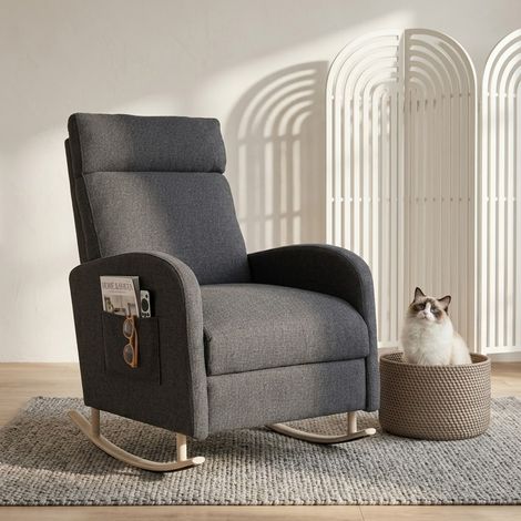 HIPIHOM Schaukelstuhl, modern und bequem, gepolstert, Stoff mit hoher Rückenlehne, mit Seitentasche, Tragfähigkeit 150 kg, grauer Stuhl für Wohnzimmer, Schlafzimmer, Balkon