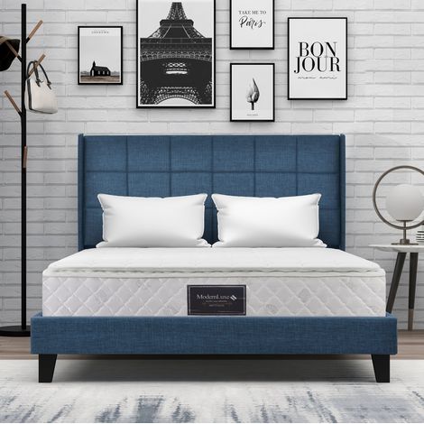 Letto matrimoniale imbottito in lino blu 140x200 cm con testiera alta, rete a doghe e materasso a molle H3 inclusi (1/5)