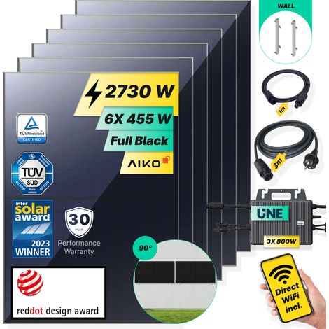 ROBINSUN®️ Kit Solar Enchufable Performance Wall-90 2.730Wp, 6 paneles Aiko 455Wp +3 Microinversores 800W con Wifi incluído+Cable 3m +6 Fijaciones 90º (1/5)