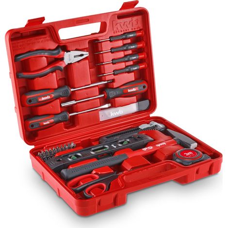Coffret à outils, 35 pièces, set d'outils, boîte à outils (équipement de base pour le ménage avec tournevis, embouts, pince universelle, marteau, ciseaux, niveau à bulle, couteau à lame sécable) (1/5)