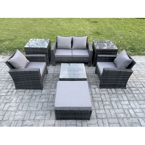Fimous 5 Seater Outdoor Garden Furniture High Back Rattan Sofa Set with Square Coffee Table 2 SideTables Big Footstool Dark Grey Mixed (1/5)
