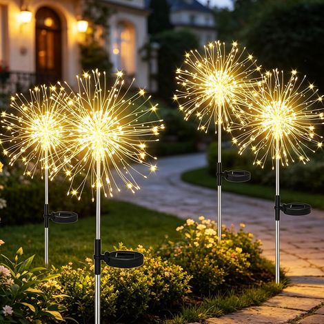 Lampe Solaire Exterieures Jardin 4 PCS 120 LED Lumière Solaire Extérieure Étanche, 8 Modes Lumières Feux d'artifice Solaire pour Pelouse Fête Patio Parterre Jardin Décoration [Classe énergétique E] (1/5)