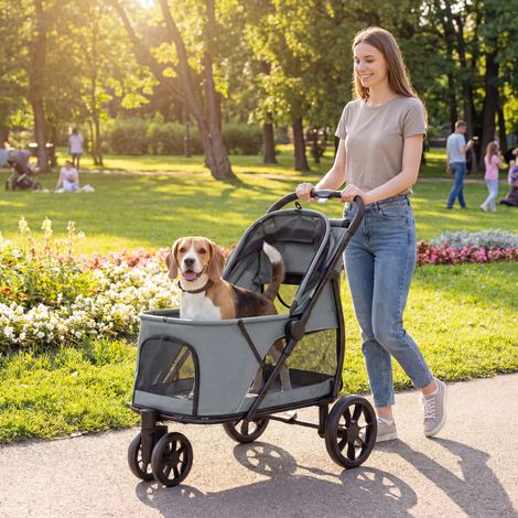 Gris 92x63x95 cm - Voiturette pliante conçu pour chien à 3 roues Fenêtres en treillis Coussin lavable Charge tout terrain 20 kg