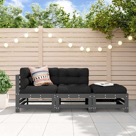 3-tlg. Garten-Lounge-Set mit Kissen Grau Massivholz (1/5)